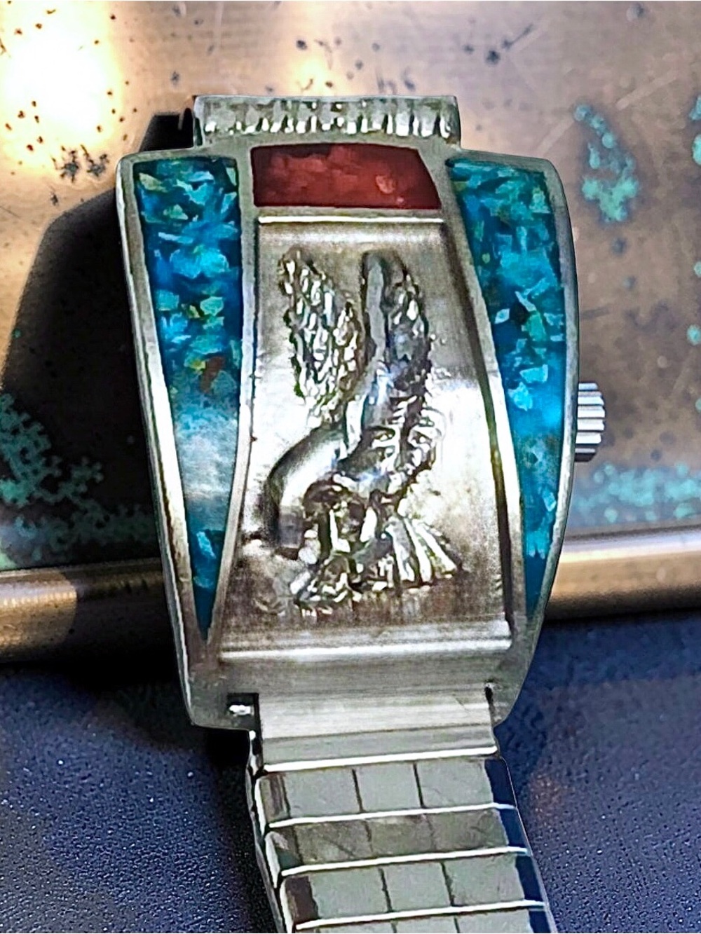 Men’s Silver Southwest Traditions Eagle Turquoise InlayWatch Band + Expansion